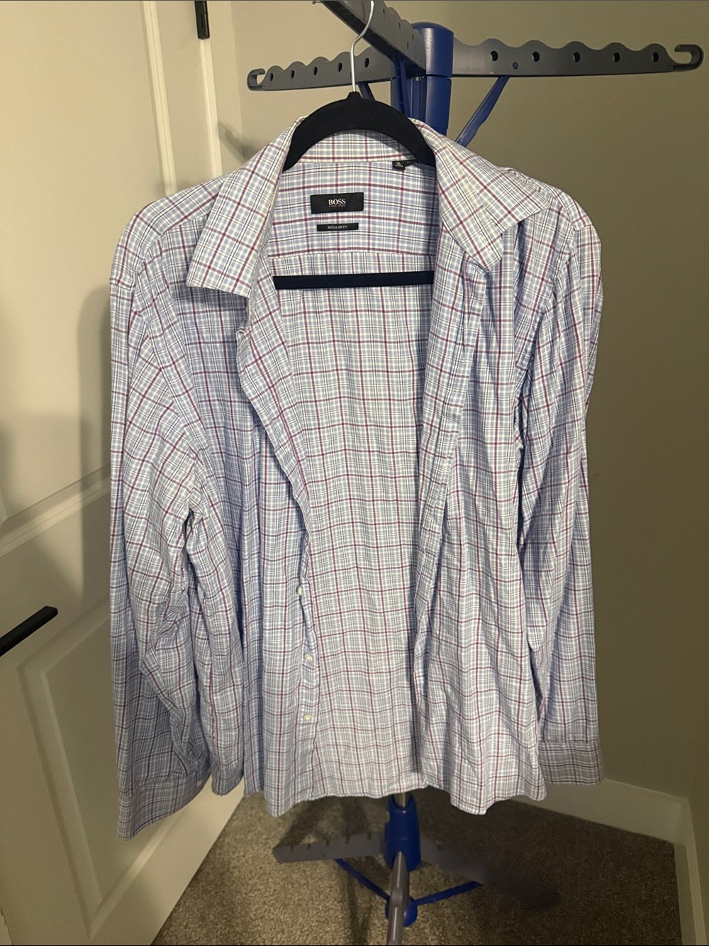 BOSS Light Blue Plaid Lightweight Shirt Jacket with Red Windowpane
